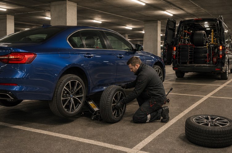 Mobiluxe technician providing mobile wheel balancing